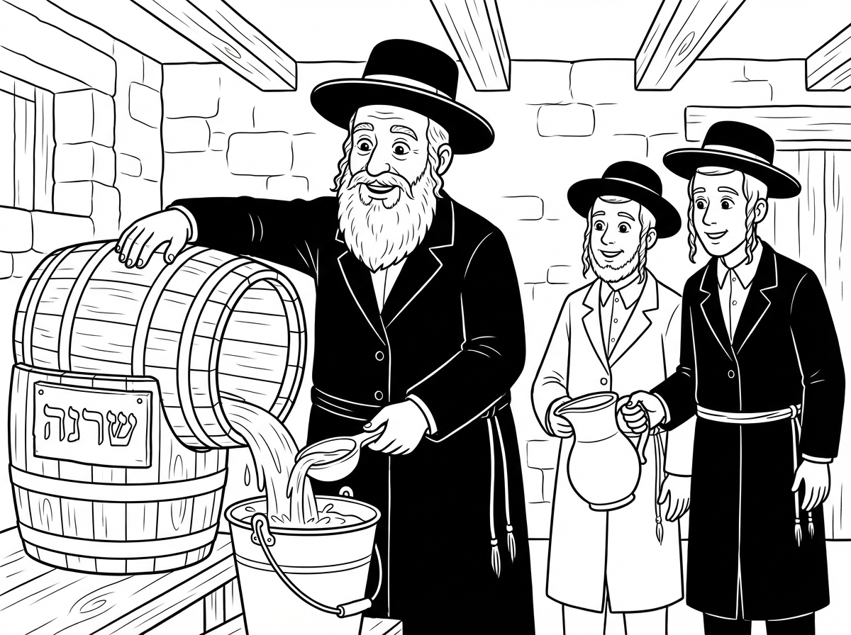 תמונה של רב חסידי וחסידים עושים מים שלנו לאפית מצות