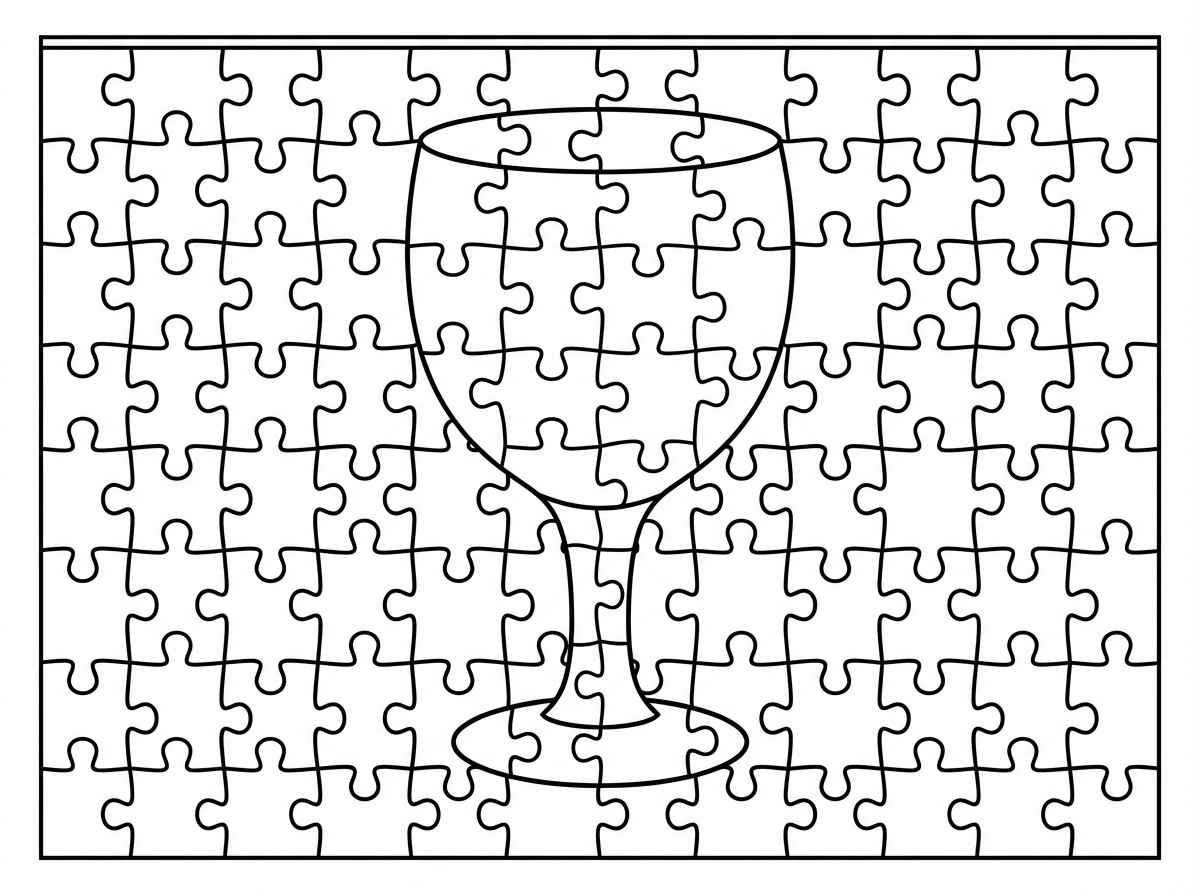 צייר לי מלבן גדול שבמרכזו מצויר כוס שתיה בצורת גביע  וכל הציור מורכב מחלקי פאזל