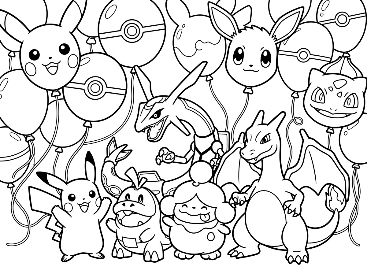 היי תצייר  דמויות של פוקימונים כצו סלורש, פריקוקו, צריזראד ופיקאצ'ו וריקוויזה שיהיה מסביב בלוני פוקימון בסגנון מצויר של פיקסאר בקווים פשוטים לילדים קטנים