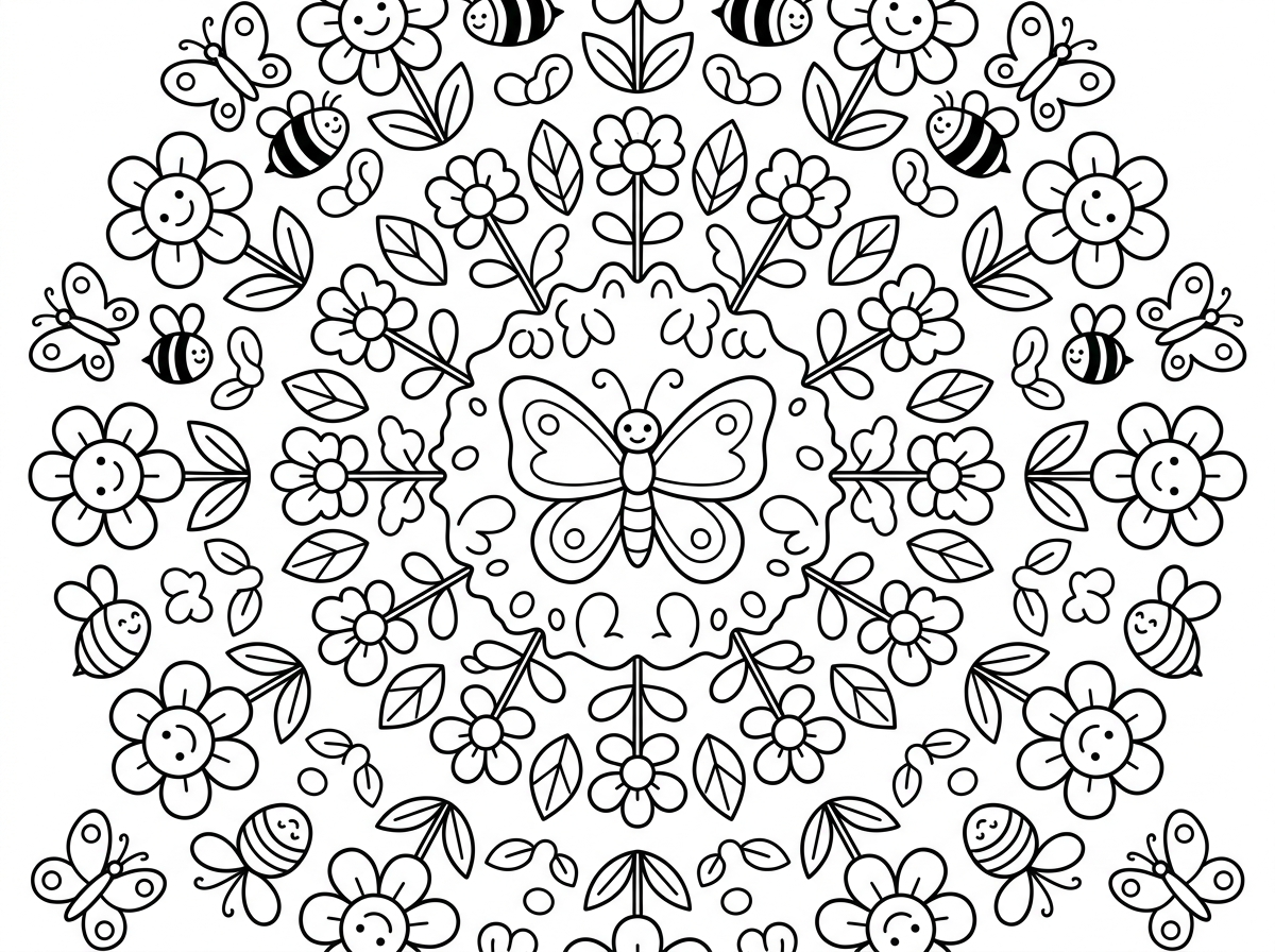 היי תצייר לי דף צביעה שהוא מנדלה עם אווירה של אביב כמו פרחים ופרפרים  בסגנון מצויר של פיקסאר בקווים פשוטים לילדים קטנים