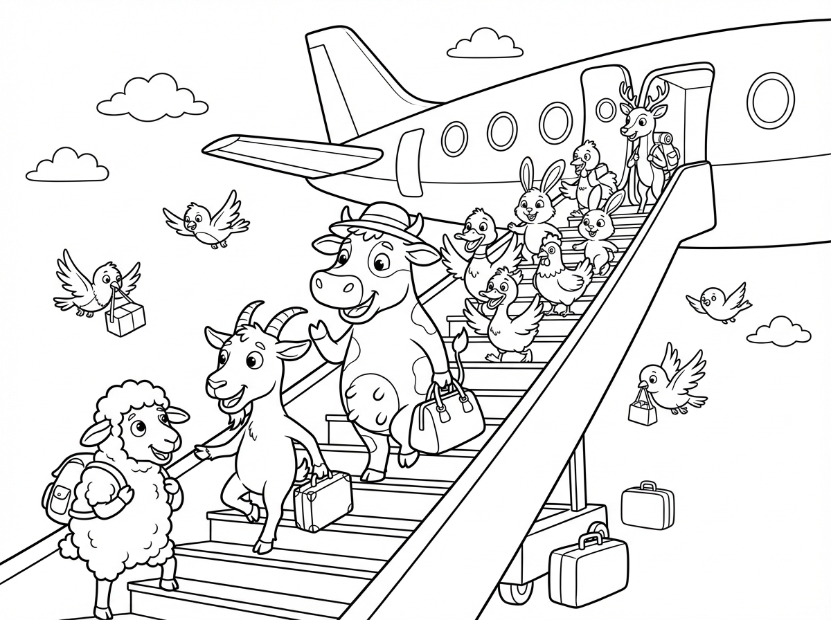 ציור של הרבה חיות טהורות בסגנון קריקטורה עולים בצהלה למטוס במדרגות
