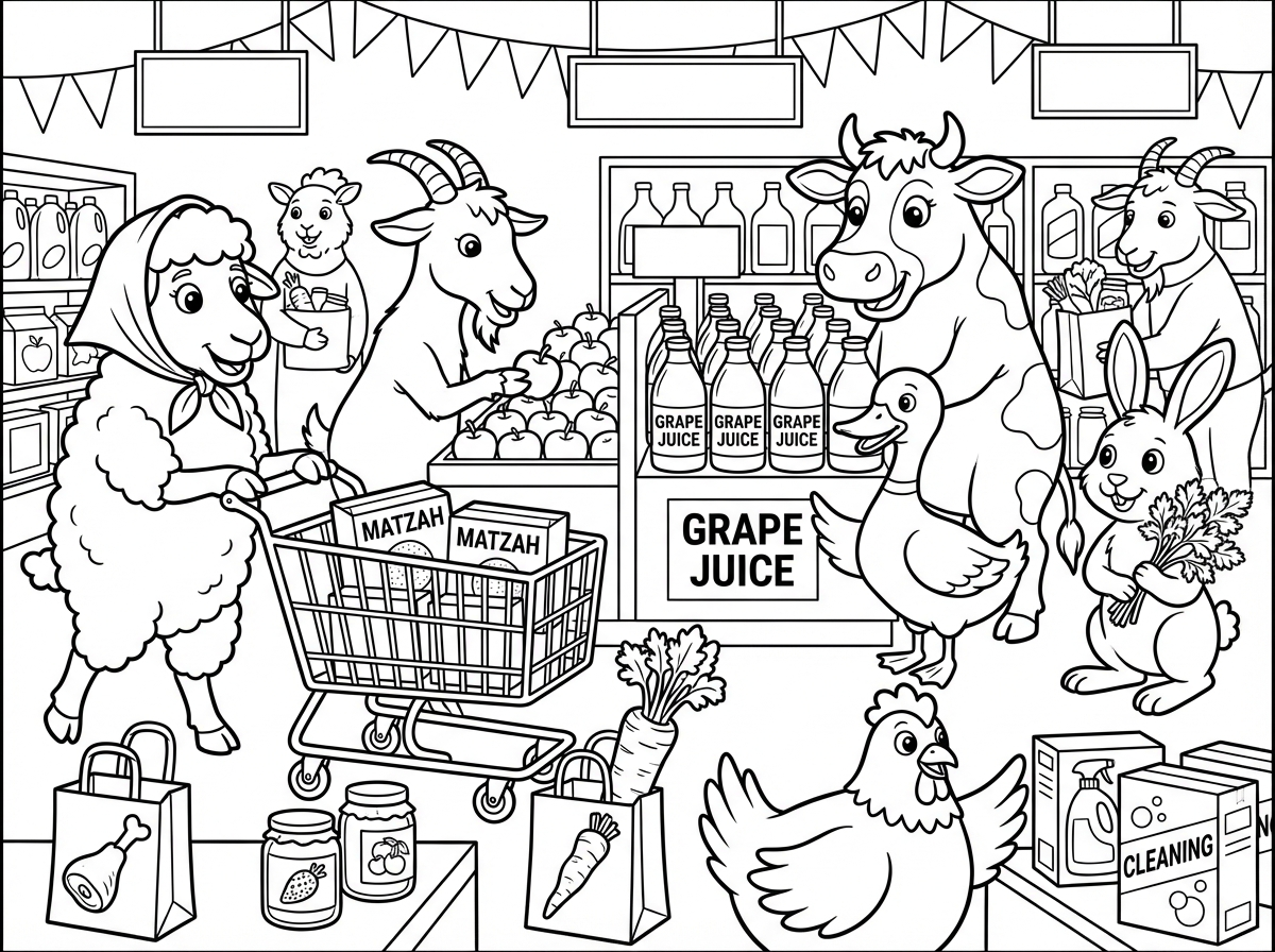 עוד ציור של חיות טהורות בסגנון קריקטורה בקניות לפסח. הרבה חיות והרבה קניות מגוונות