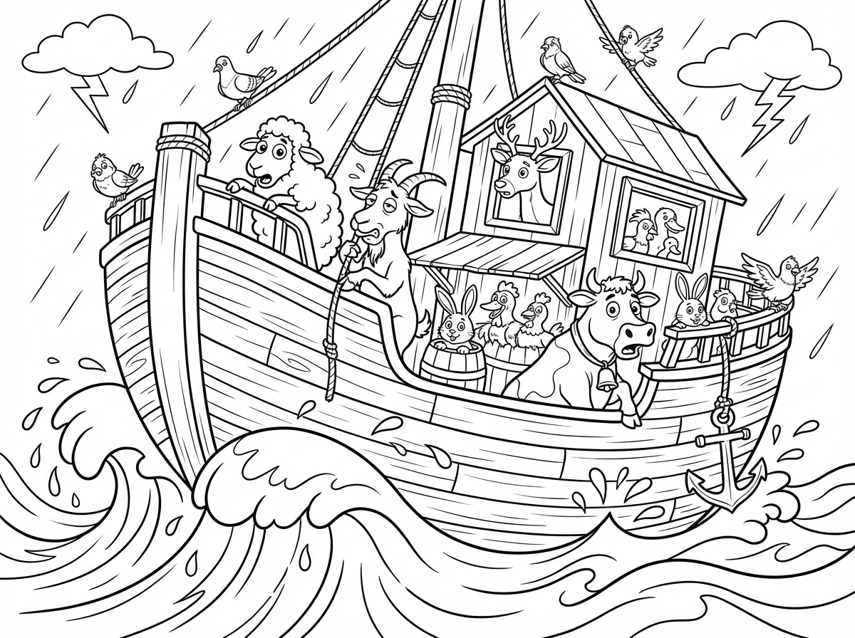 הרבה חיות טהורות סגנון קריקטורה על אוניה בים בסערה