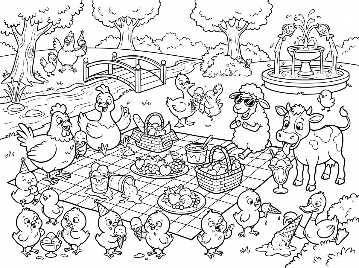 הרבה חיות טהורות בסגנון קריקטורה עם הרבה אפרוחים אוכלים גלידה ועושים פיקניק בפארק עם הרבה פרטים משעשעים