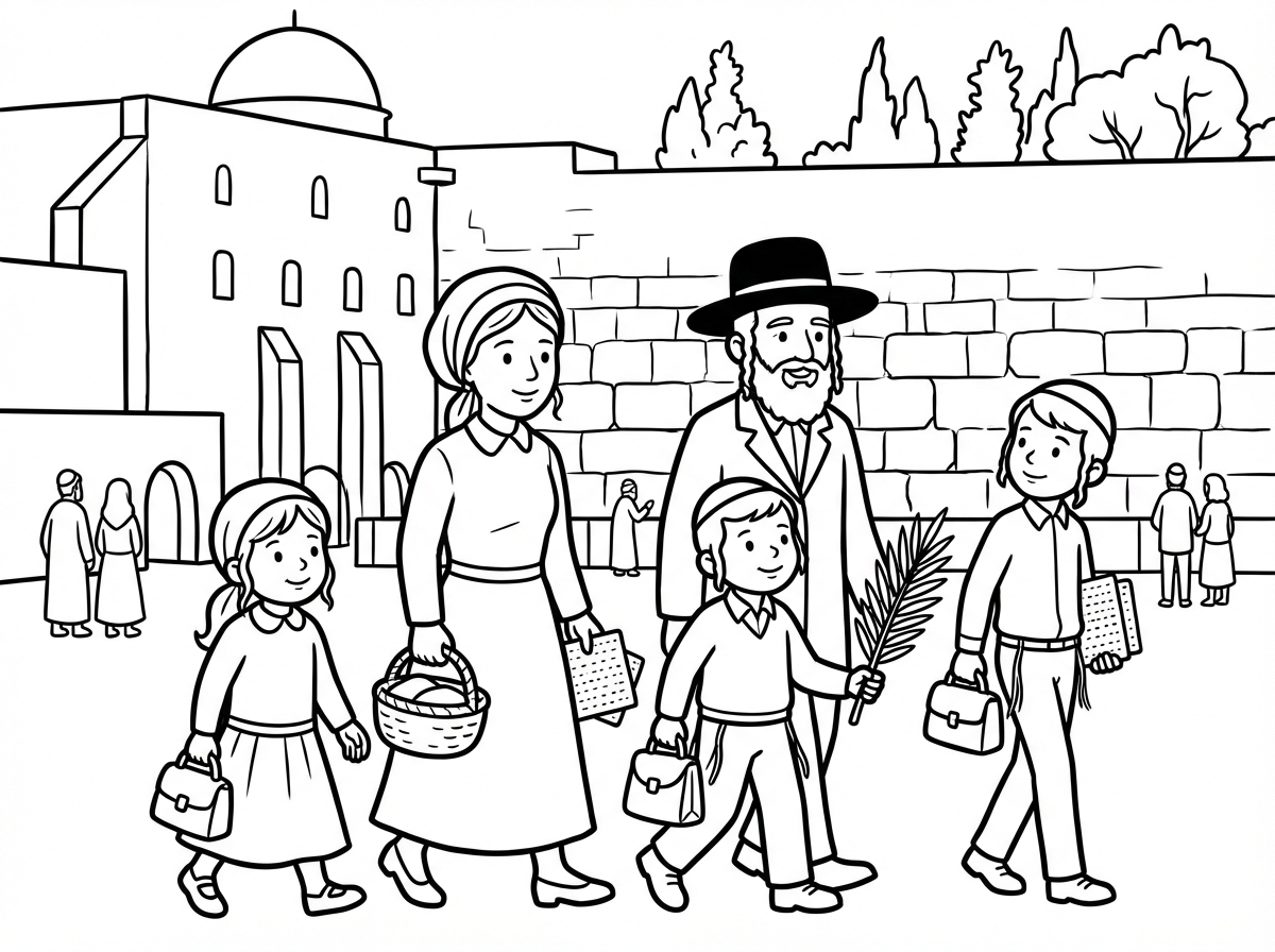 דף צביעה משפחה חרדית מגיע לכותל המערבי להתפלל בחג הפסח