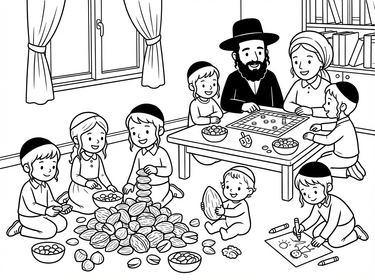 דף של משפחה עם ילדים חרדים יושבים על הרצפה ועל יד השולחן ומשחקים בשקדים ואגוזים ומשחקים למניהם