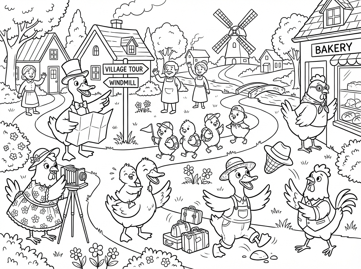 עכשיו תכין לי דף של הרבה חיות טהורות ובעיקר ברוזים אפרוחים ותרנגולים לבושות בגדים והולכות לסיור בכפר.
שיהיה בציור המון סיטואציות משעשעות