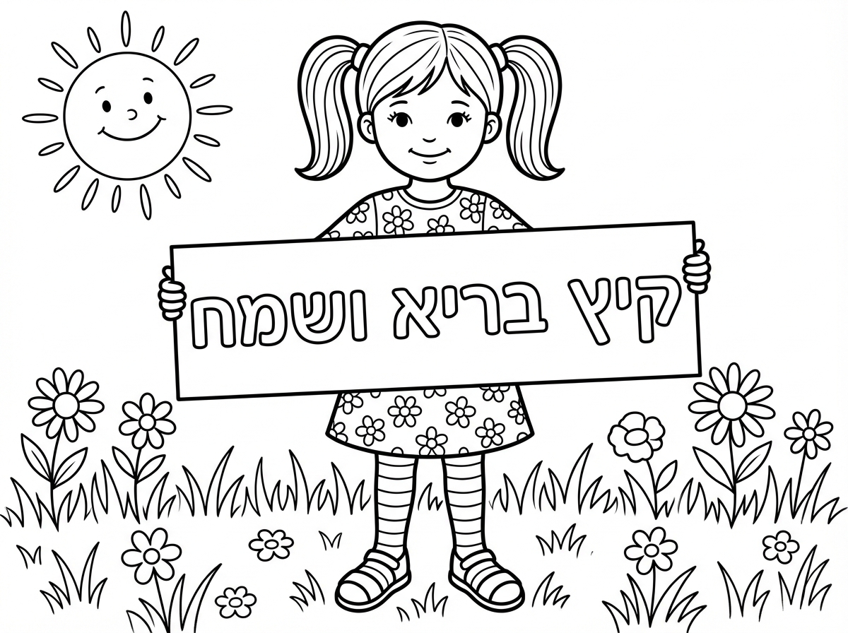 ילדה קטנה עם קוקיות 
שמלה פרחוננית
שרוול מכסה את המרפק והברך
גרביונים וסנדלים 
מחזיקה שלט 
קיץ בריא ושמח

ברקע שמש
דשא ופרחים