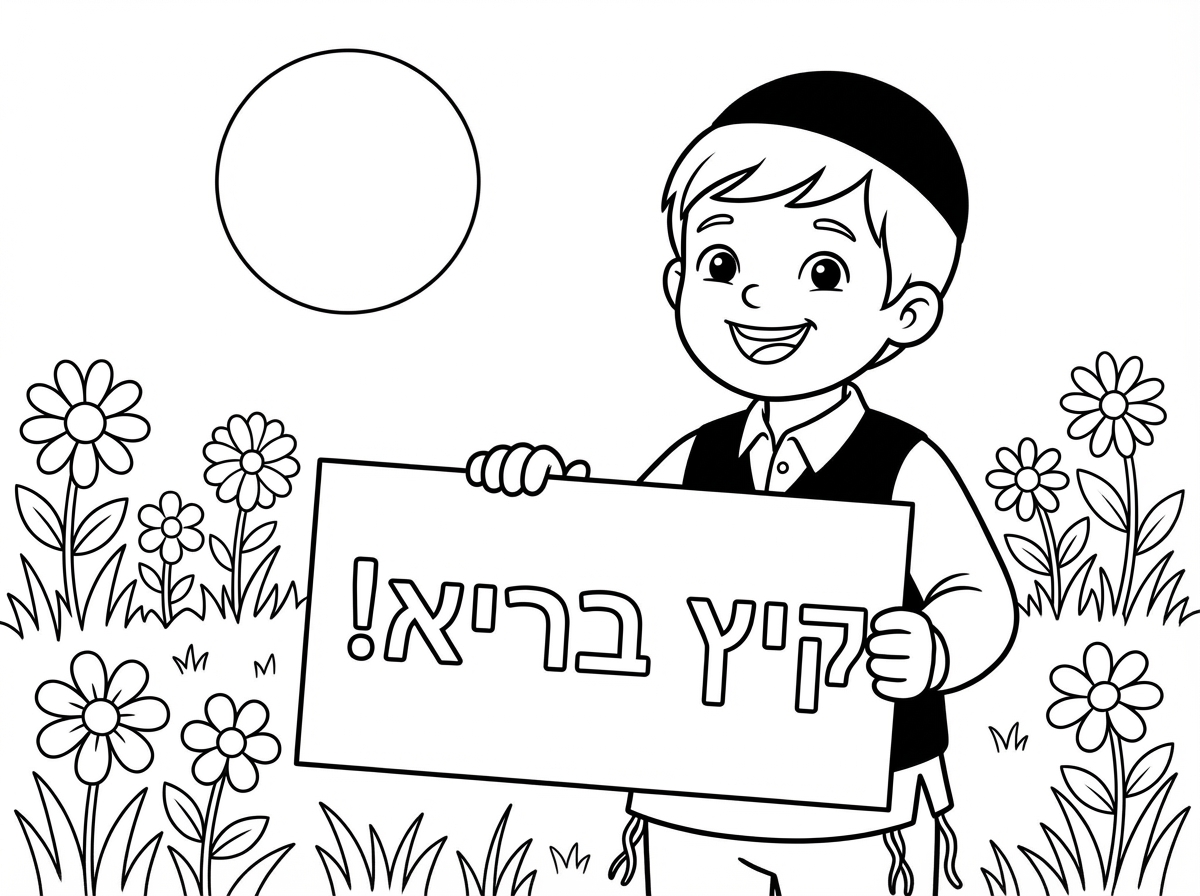 שלום, 
אני רוצה שתכין לי דף צביעה ובו:
ילד חבדניק שמחזיק שלט שעליו כתוב: קיץ בריא!
ברקע פרחים ודשא ושמש ללא פנים בשמיים