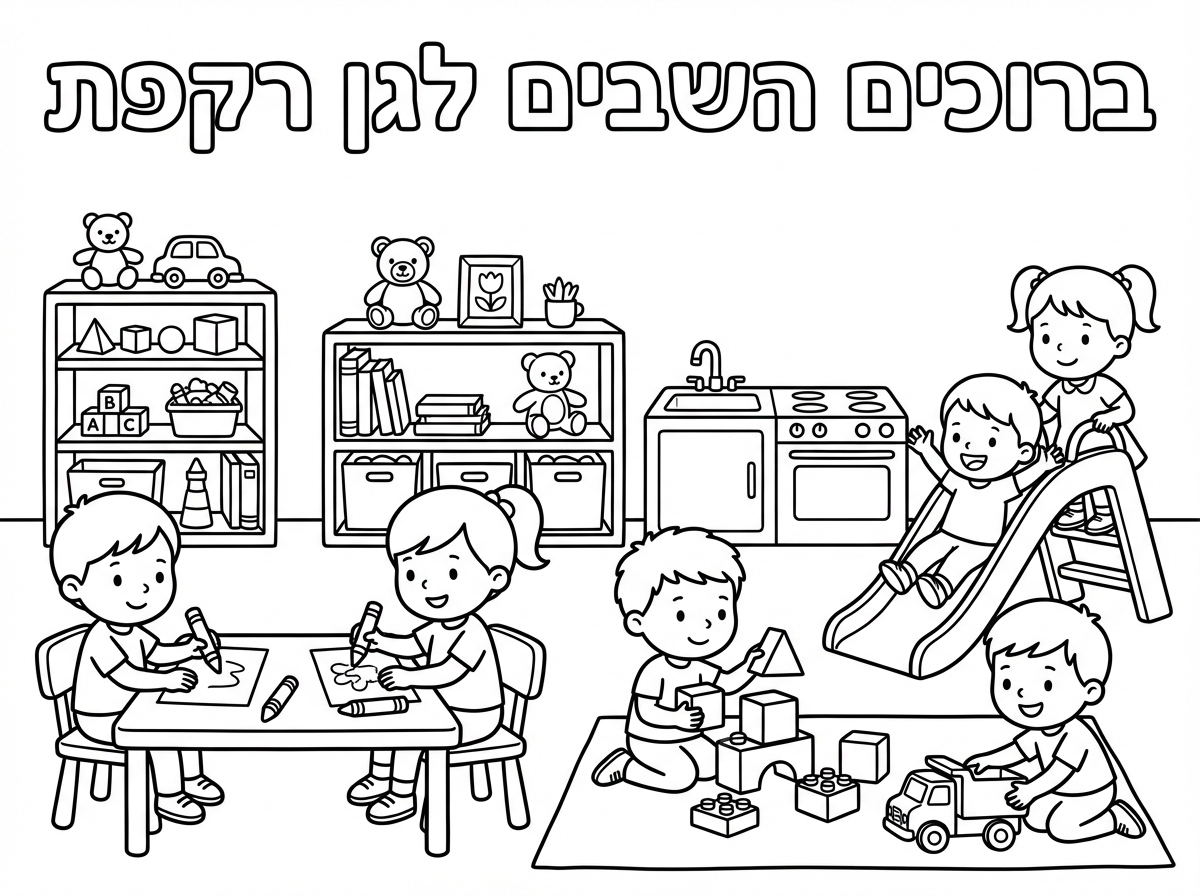 צור דף צביעה שמתאים לילדי הגן בגילאי 5-6. כתוב למעלה את הטקסט הבא באותיות שניתן לצבוע אותן: ברוכים השבים לגן רקפת. ומתחת תוסיף ילדים המשחקים ומציירים בגן.