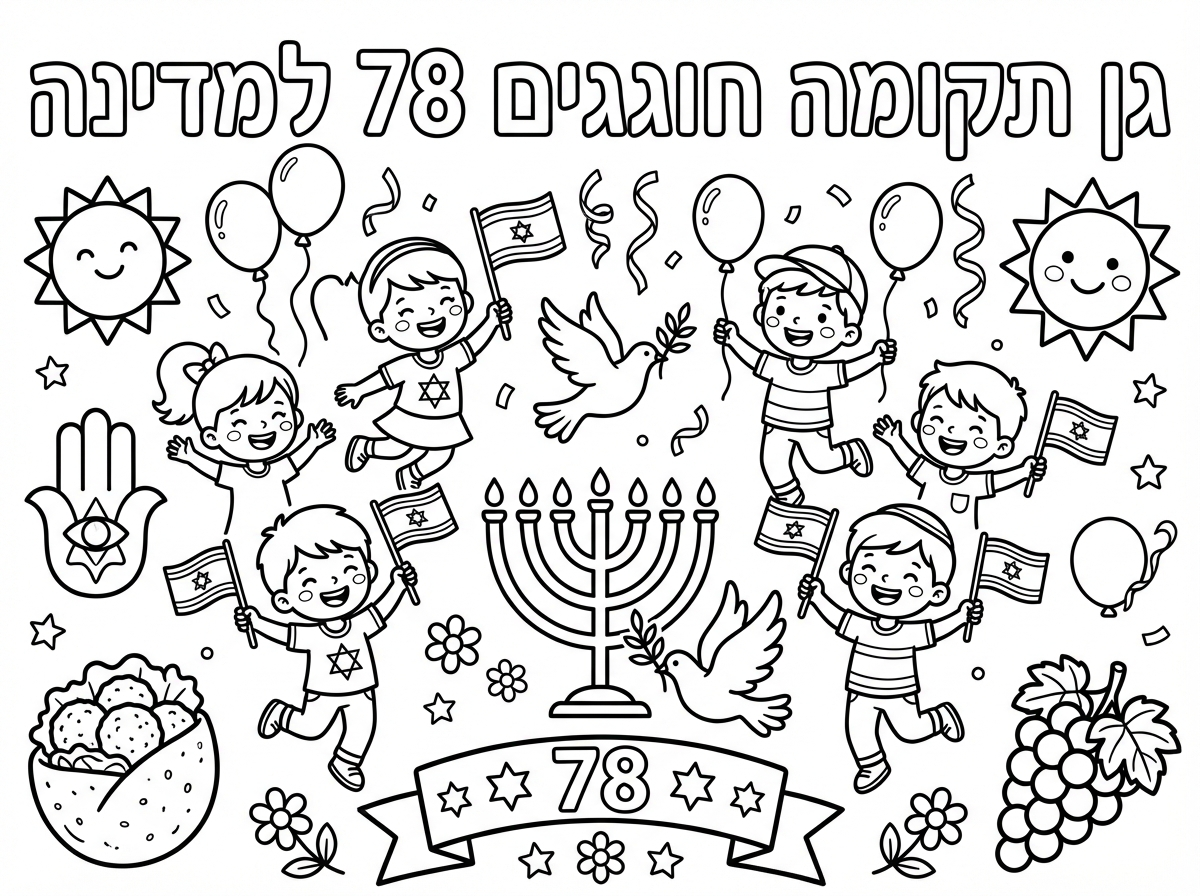 דף עם כיתוב לצביעה
גן תקומה חוגגים 78 למדינה
ילדים חוגגים וסמלים של יום העצמאות