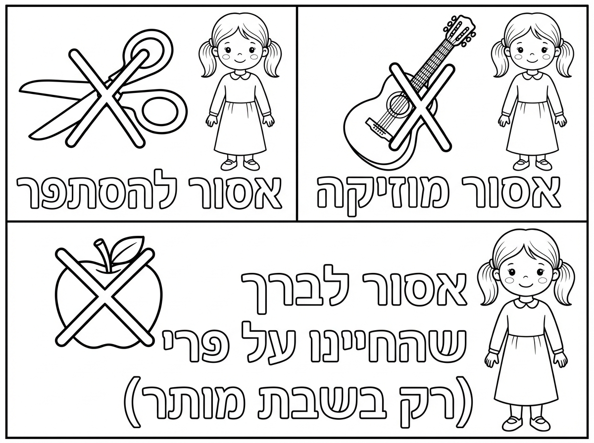 את דף האיסורים עם ציורים קטנים של ילדה קטנה עם שמלה ארוכה שמכסה את הברך והמרפק