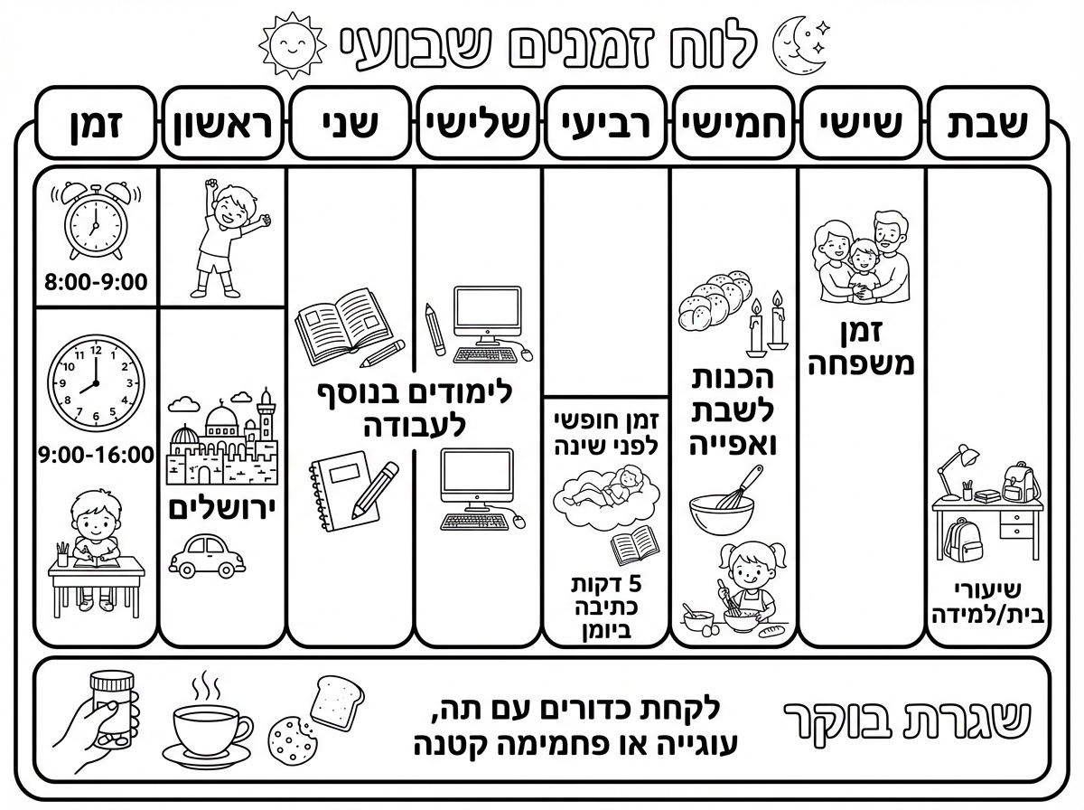 היי אני רוצה שתעשה לי טבלה של שעות לו"ז שבועי כימה והתארגנות שמונה עד תשע תשע עבודה עד 4 יום שני שלישי בנוסף לעבודה לימודים ראשון אחרי העבודה ירושלים שבת זמן משפחתי מוצ"ש שעורים חמשי להתערגן לשבת לאפות רבעי זמן פנוי לפני השינה חמש דקות לכתוב ביומן ובבוקר לכחת כדורים עם תה יעוגיה או פחמימה קטנה