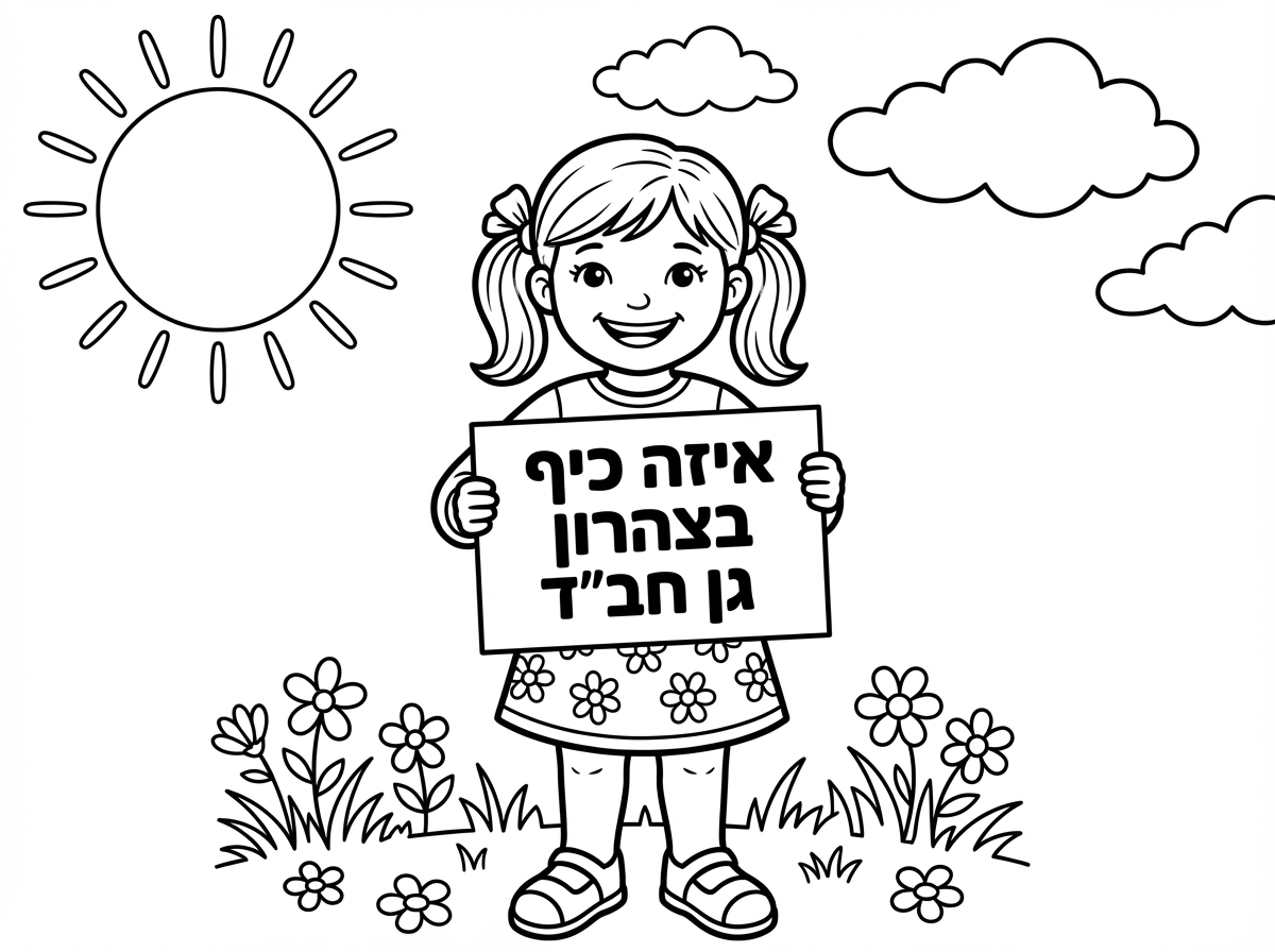 ילדה קטנה בגיל גן
עם קוקיות
שמלה פרחונית שמכסה את המרפקים והברכיים
גרביונים וסנדלים

מחזיקה שלט שכתוב:
איזה כיף 
בצהרון גן חב״ד

עומדת על דשא ופרחים
בשמיים שמש בלי פרצוף ועננים