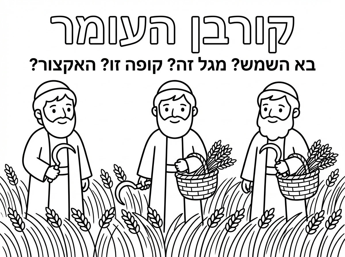 אני צריכה דף שיהיה כתוב בו כותרת:קורבן העומר
מתחת:בא השמש? מגל זה? קופה זו? האקצור? 
ולמטה שיהיו שלושה בני אדם שנראים יהודים עם מטפחת וזקן ובגד ארוך ומגל קצר ביד ,
ושיהיה שדה של חיטה ולכל אדם יהיה סלסלה אישית עם חיטה