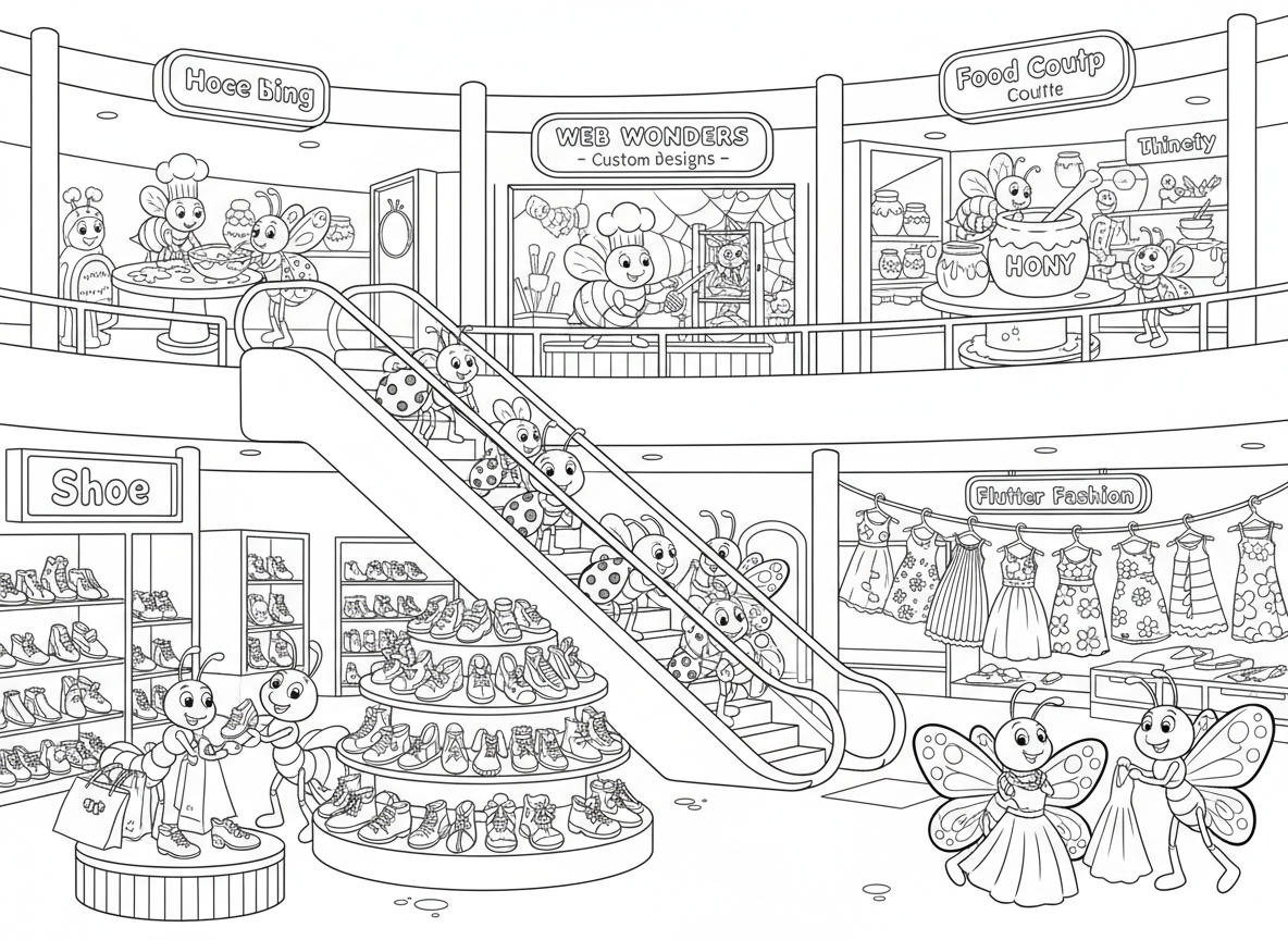 קניון של חרקים - נמלים קונות נעליים זעירות בחנות עם מאות זוגות, פרפרים מודדים שמלות צבעוניות, חיפושיות גולשות על דרגנועים, עכביש מנהל בוטיק עיצוב רשתות, ודבורים מפעילות פודקורט דבש