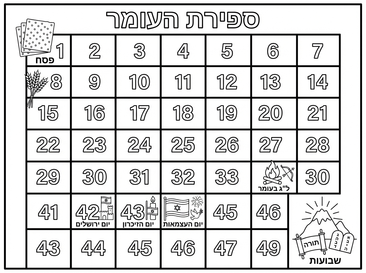 אני רוצה לוח פחות עמוס.
כותרת: ספירת העומר.
לציין את פסח בהתחלה עם מצות ואת שבועות בסוף עם הר סיני והתורה. ואת החגים ל"ג בעומר, יום ירושלים, יום הזיכרון ויום העצמאות. לציין בלוח