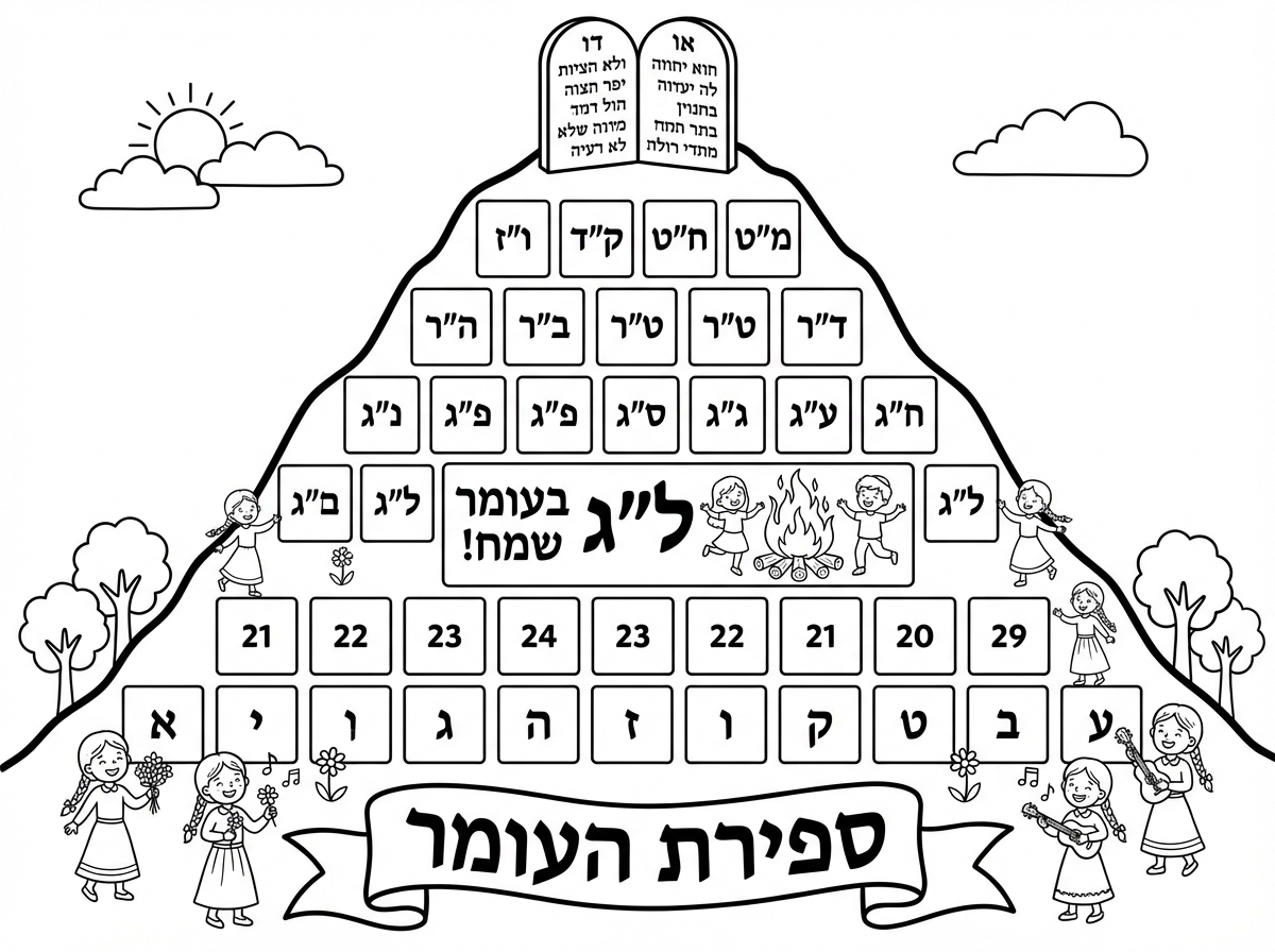 בבקשה לעות לוח ספירת העומר שלג בעומר מודגש בו. בצורת הר שבסופו לוחות הברית מרובעות. דף שבנות  חבדיות בכיתה א יהנו לצבוע