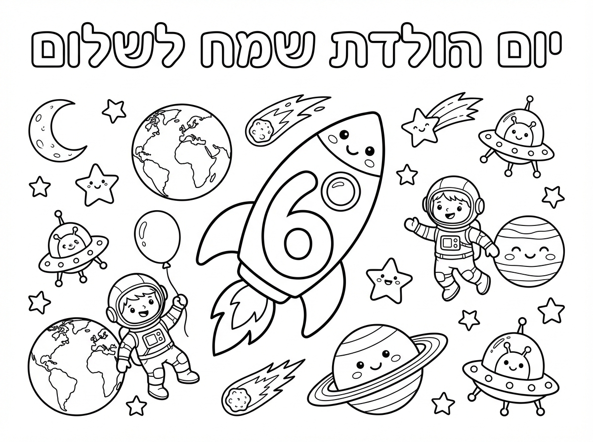 צור לי דף צביעה של איורים מותאמים לילדים בנושא חלל וכתוב - יום הולדת שמח לשלום . שלב את הספרה 6 בדף הצביעה