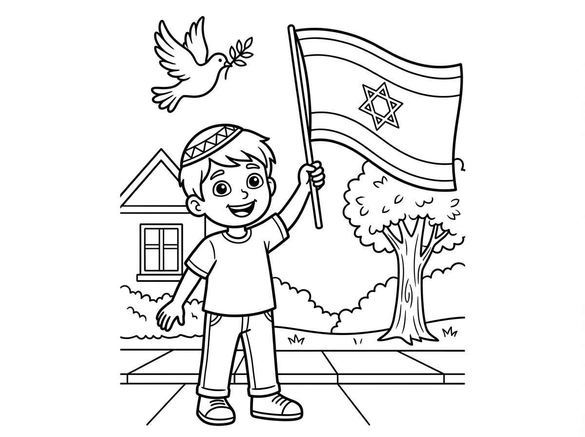 Boy with kippah waving Israeli flag, with dove of peace, house, and tree