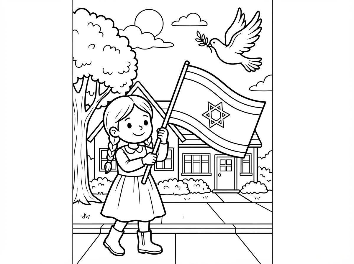 Girl in a dress waving Israeli flag, with dove of peace, house, and tree