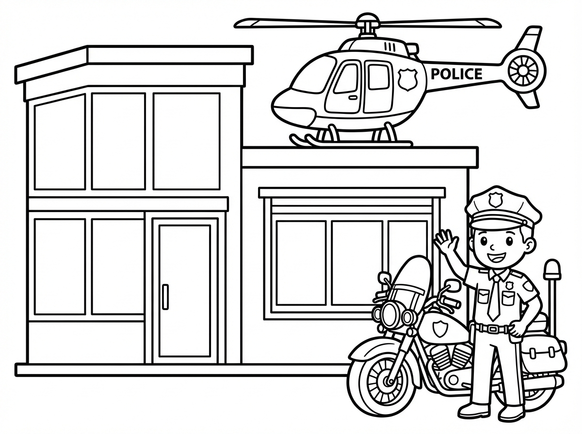 Police station next to a motorcycle with a police officer, and a police helicopter on the roof