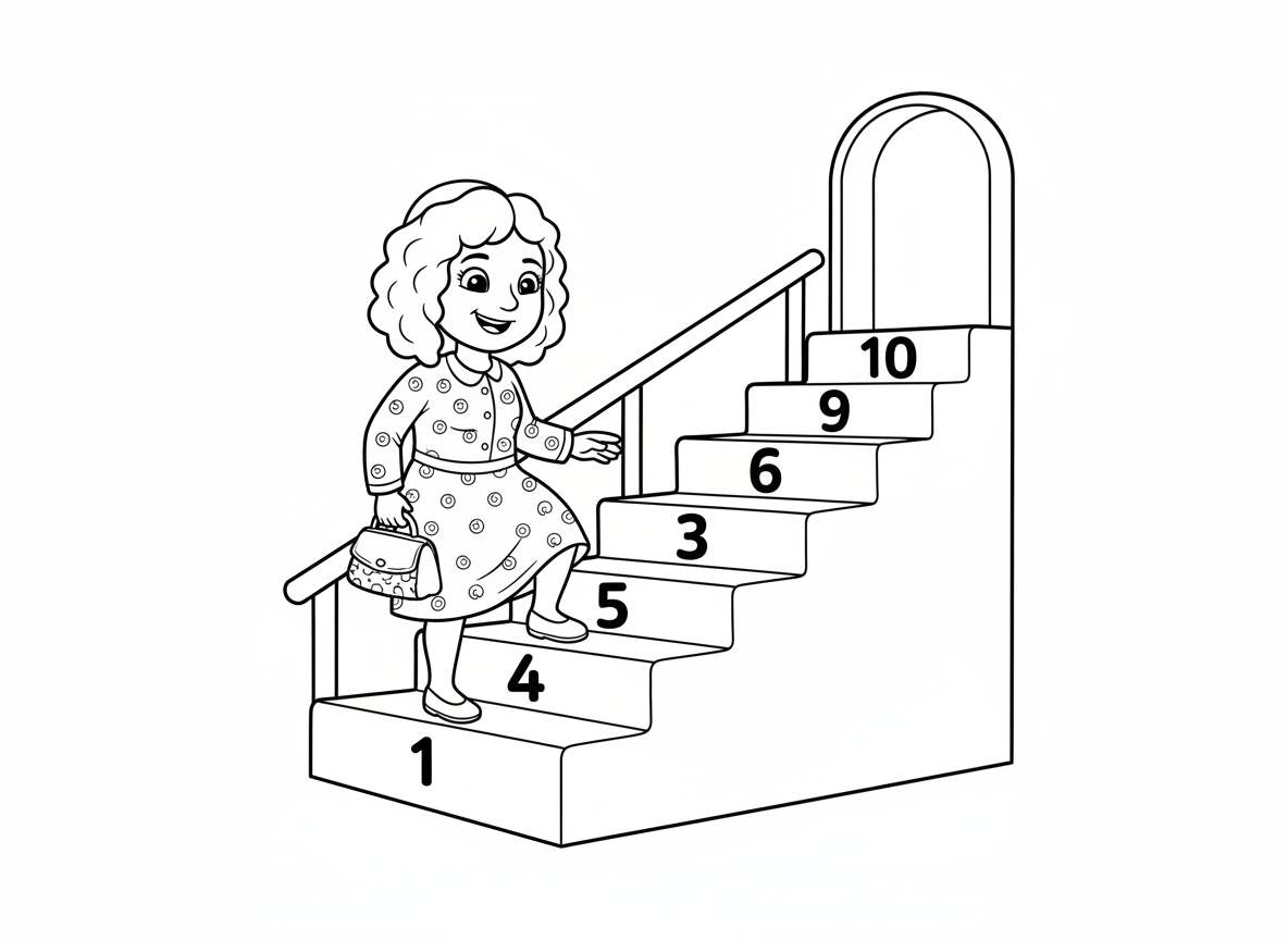 Haredi woman with a wig descending stairs, standing on step 5 of 10 numbered steps, with '5' appearing only once