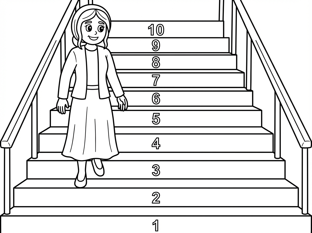 Haredi woman with a wig descending stairs, standing on step 5 of 10 correctly numbered steps, with '5' appearing only once