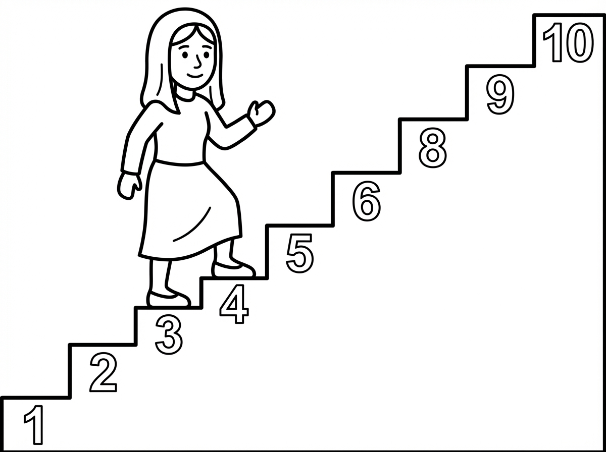 Haredi woman with a wig clearly descending stairs, standing precisely on step 5 of 10 correctly numbered steps, with '5' appearing only once