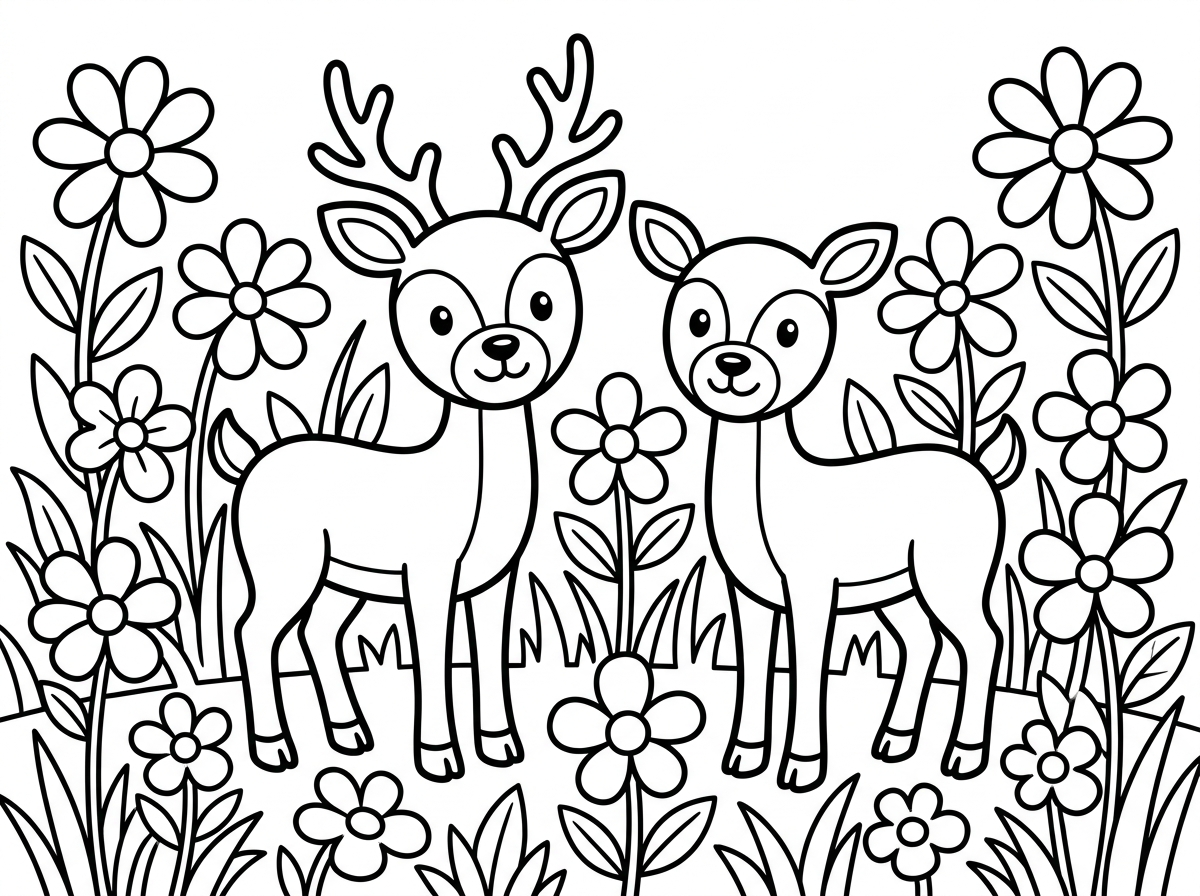 Two deer with a field of flowers