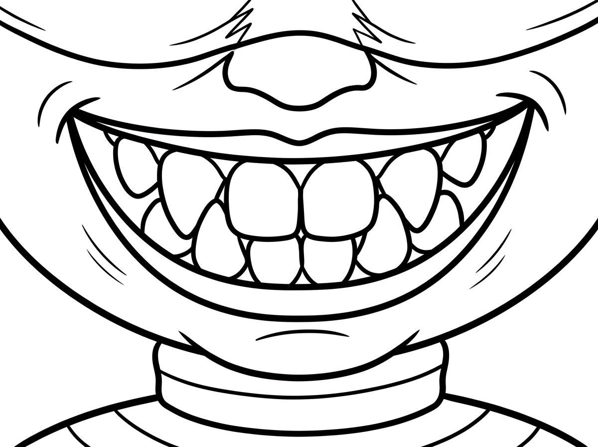 Scary robber's mouth without a nose, with large protruding teeth
