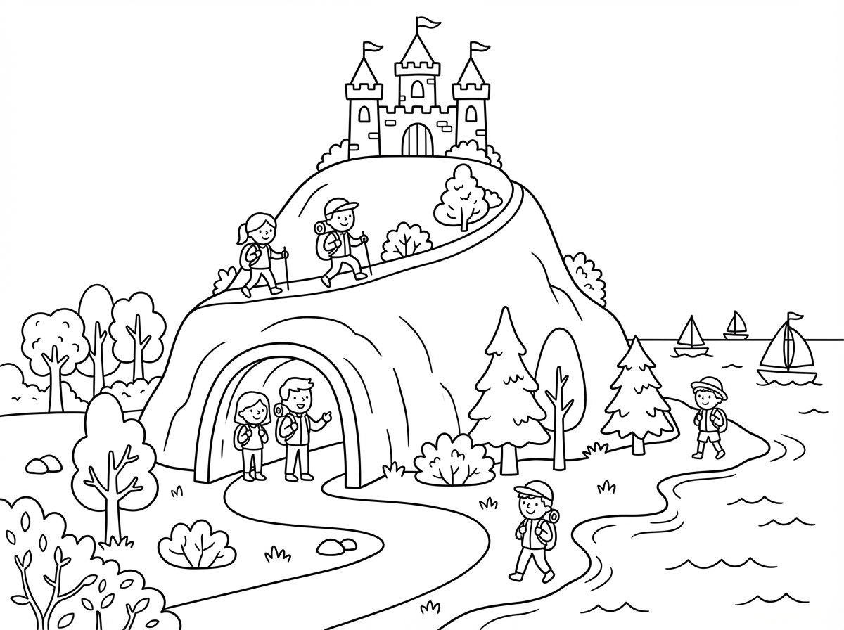 Mountain with a castle, a tunnel leading to the sea, people, and trees