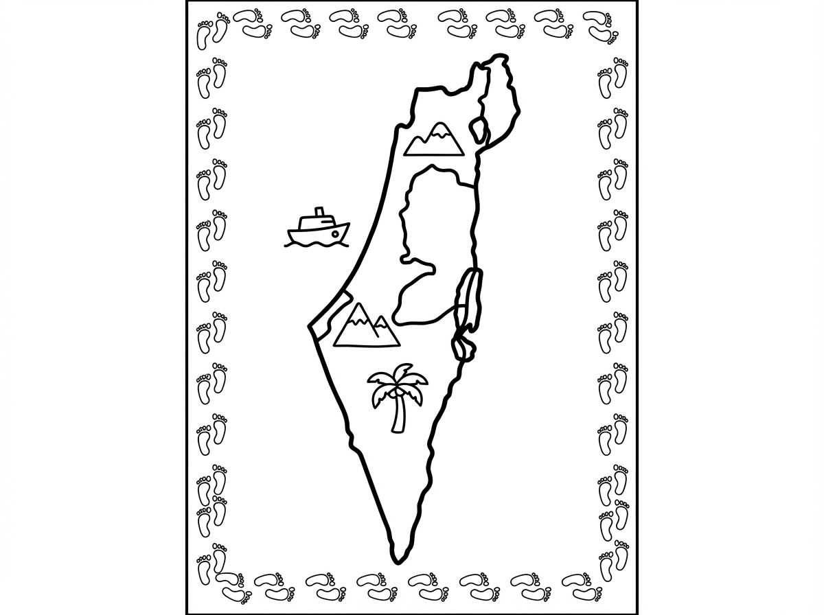 אני צריכה דף צביעה לאורך לילדים בגיל 3 שבאמצע הדף יש מפה של ארץ ישראל לצביעה ובמסגרת הדף יש עקבות קטנות של רגליים.