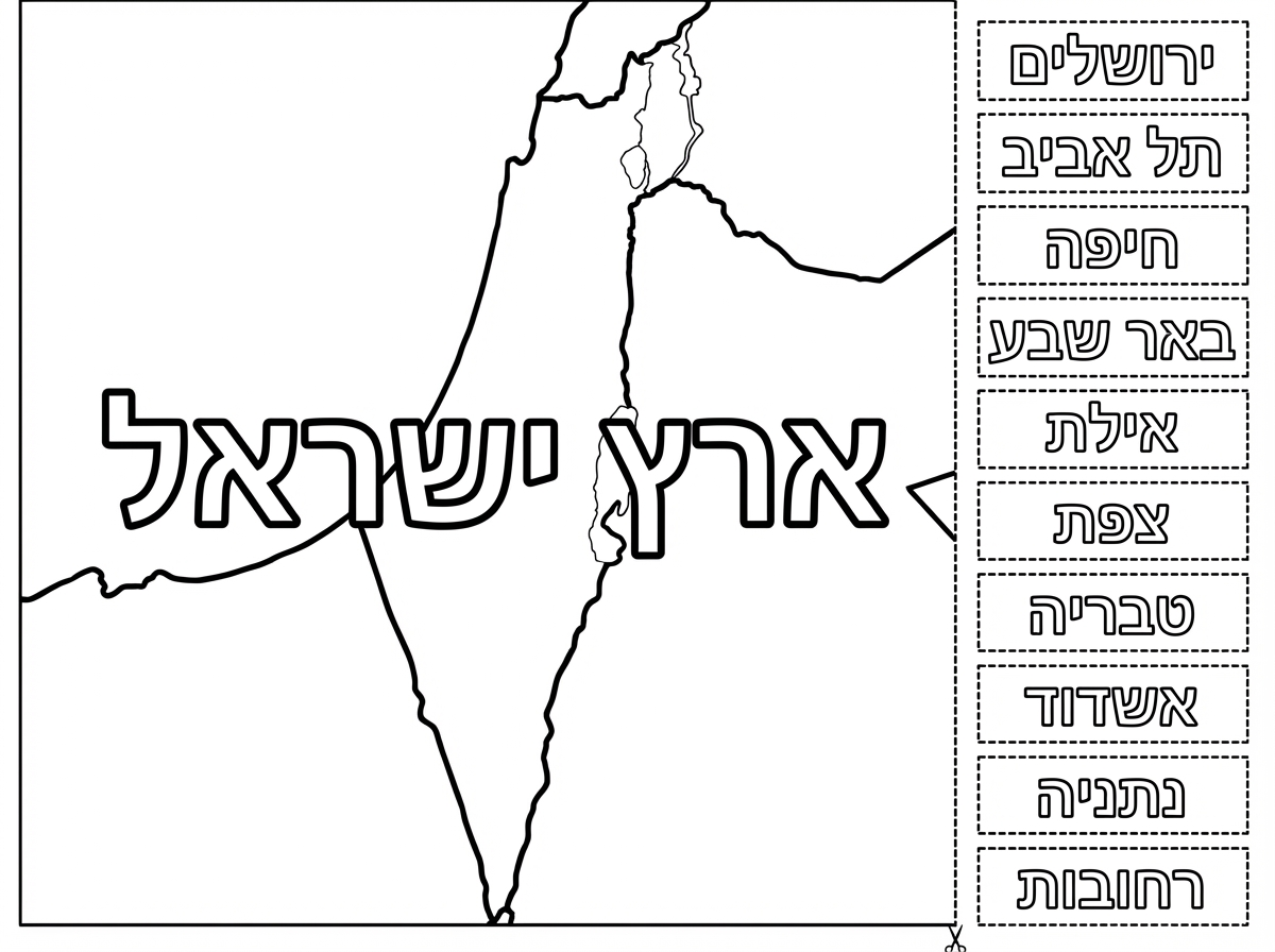 תכין לי דף צביעה של ארץ ישראל עם כיתוב של ארץ ישראל ורשימת ערים בצד שיוכלו לגזור ולהדביק