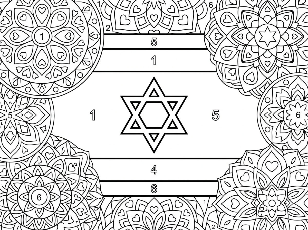 צור לי תמונה של דף צביעה בהתאם למספרים 1-6
המתאים לנערות
הכולל דגל ישראל ומנדלות מסביב.