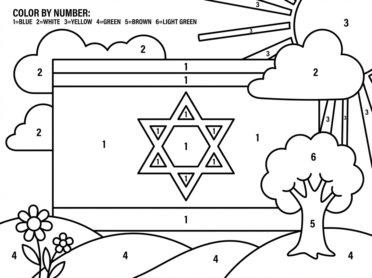 דפי צביעה לפי מספרים, שמשלב את דגל ישראל בתוך הציור.
כאשר הפסים והמגן דוד יהיו באותו מספר