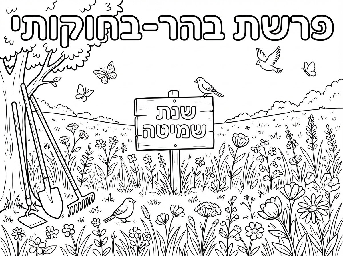 שדה עם שלט "שנת שמיטה" – בלי עבודה, צמחים גדלים לבד, ובצד כלי עבודה ללא שימוש

ןלמעלה כתוב בכתב בלון- פרשת בהר-בחוקותי