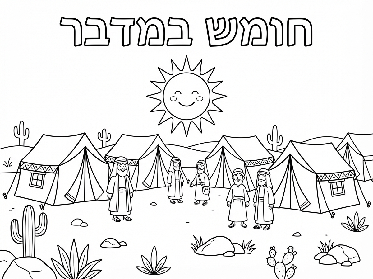 דף צביעה עם כיתוב למעלה
חומש במדבר
ולמטה
אוהלים בשורה במדבר עם שמש מעל כמו שבני ישראל היו במדבר