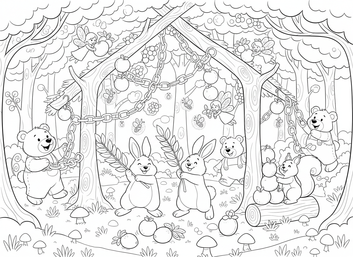 סוכות ביער הקסום - חיות היער בונות סוכה מענפים קסומים זוהרים, פיות מקשטות בפירות נוצצים, דוב תולה שרשרות נייר, ארנבים מנענעים לולב, סנאים מסדרים פירמידת אתרוגים, וגחליליות מאירות את הסוכה