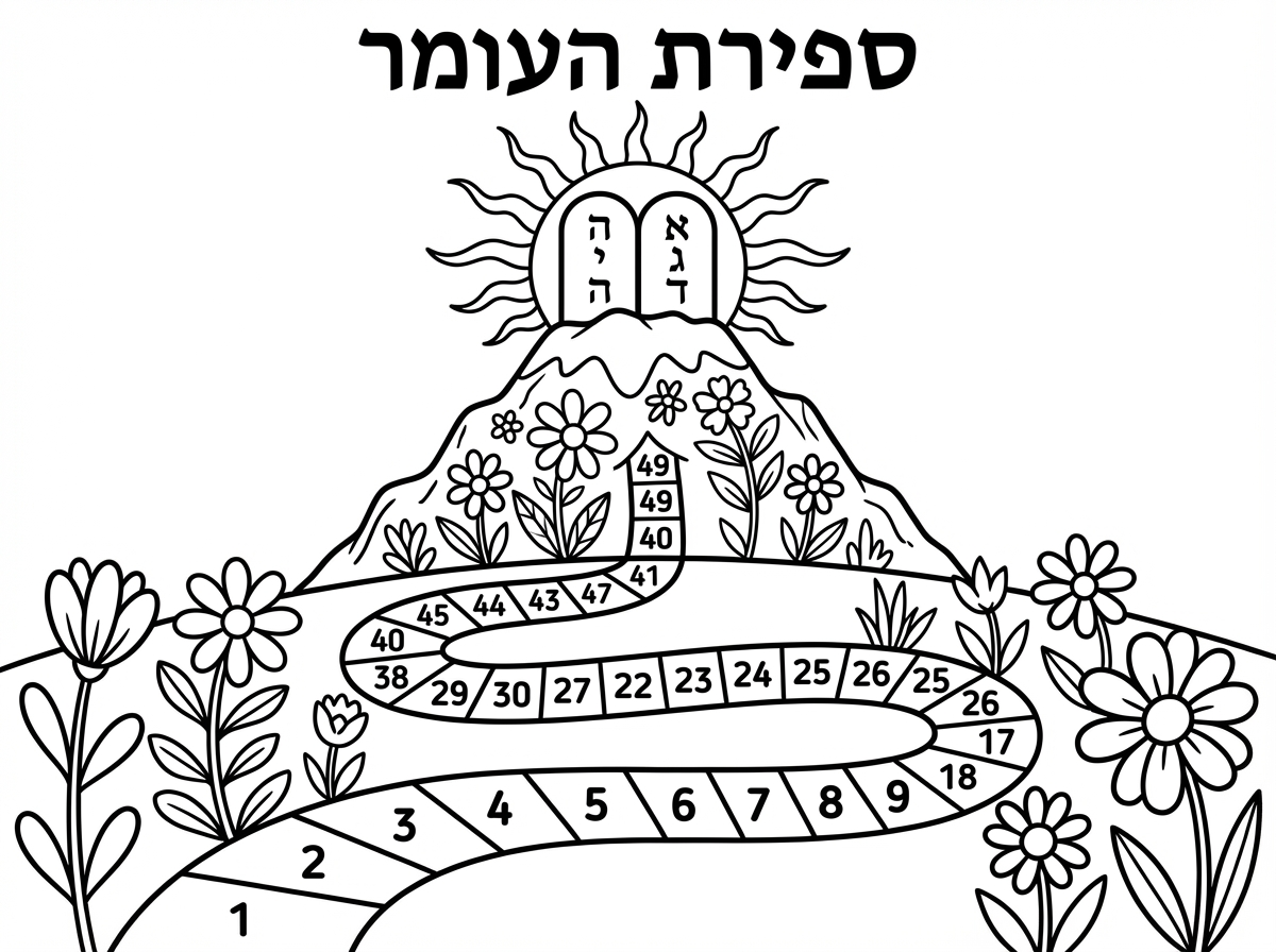 אשמח לדף צביעה עם ציור של הר סיני מעליו לוחות הברית וכמו שביל שמוביל אליו מחולק לשלבים עם מספרים מ1 עד 49 כאשר 49 זה החלק הכי קרוב להר,
מעל ההר לוחות הברית עם כמו אור שהם מפיצים, ההר אמור להיות מקושט בפרחים 

למעלה שיהיה כתוב יפה ״ספירת העומר״