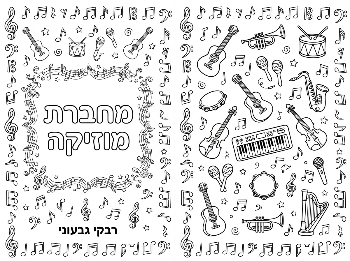 בבקשה תכין דף עטיפה למחברת מוזיקה.

הדף צריך להיות בגודל a4, בקווי מתאר כמו דף לצביעה.

חצי הדף השמאלי, בגודל a5, יהווה את הכריכה הקדמית. ובאמצעה צריך להיות כתוב 'מחברת מוזיקה'. לחצי הדף הזה תהיה מסגרת מתווים.

ולכתוב בתחתית 'רבקי גבעוני'

בנוסף, להוסיף כמה אלמנטים של כלי נגינה ותווים, גם בחצי הדף הימני (שיהווה את הכריכה האחורית), וגם מסביב לשם המחברת.

בנוסף, לעשות מסגרת מתווים