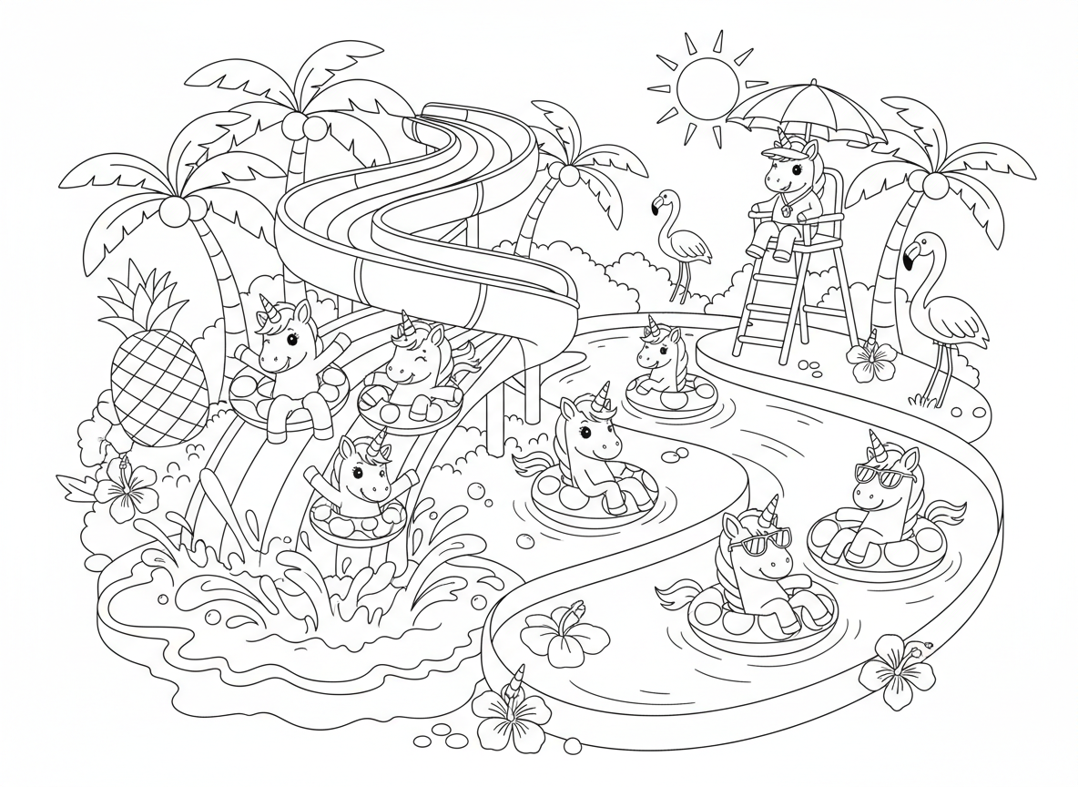 חד קרנים בפארק מים - חד קרנים בפארק מים, מחליקים במגלשות מים צבעוניות, בריכת התזה, נהר עצלן עם גלגלי ים, חד קרן מציל, קישוטים טרופיים, יום קיץ שמשי