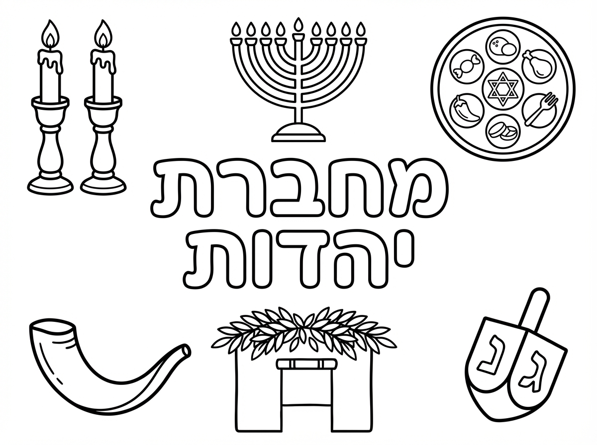 אני רוצה דף צביעה שיהיה כתוב בו מחברת יהדות
ומסביב יהיו אלמנטים של החגים היהודים