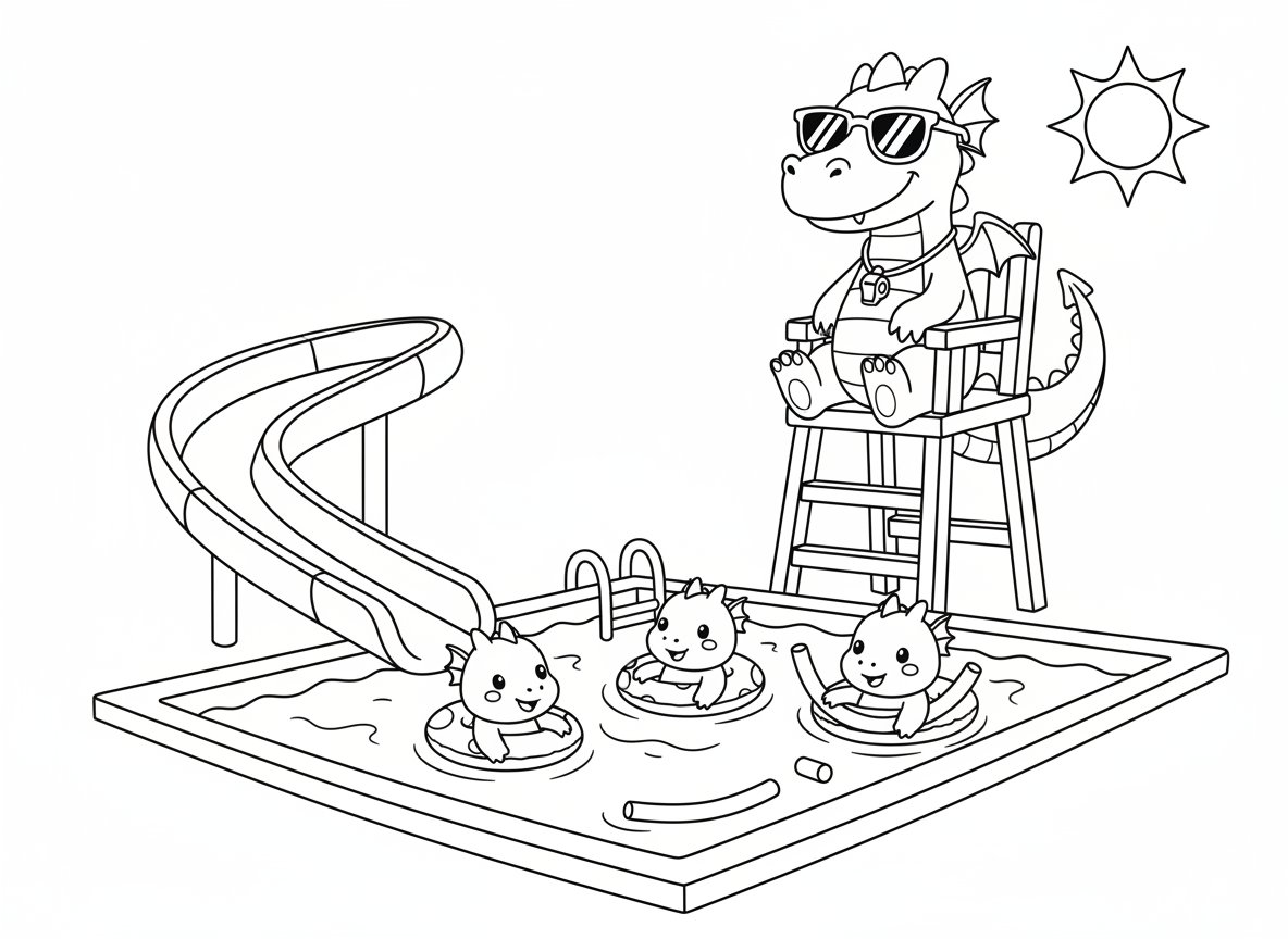 דרקון מציל בבריכה - דרקון מציל בבריכת שחייה, יושב על כיסא גבוה עם משרוקית, משקפי שמש, דרקונים תינוקות שוחים עם מצופים, מגלשת מים, נודלס בריכה, יום שמשי