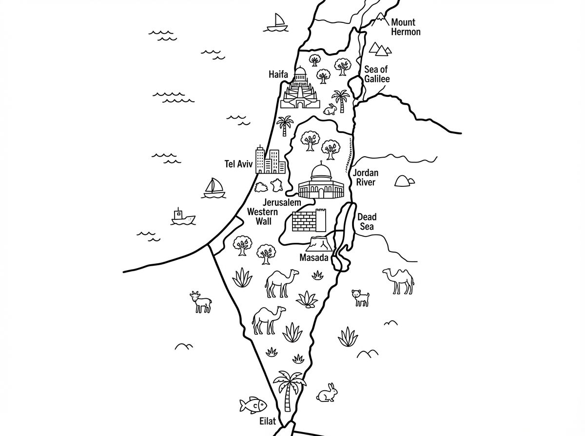 אני רוצה שתצייר לי דף צביה של מפת ארץ ישראל בגודל A4