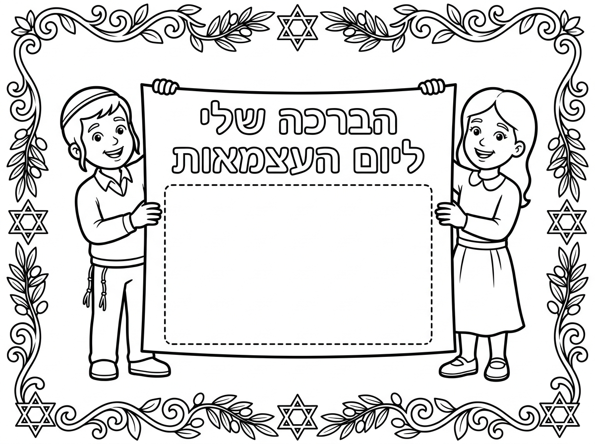 צור לי דף צביעה ליום העצמאות 78 למדינת ישראל. שהילדים הדתיים מחזיקים שלט ובו כותרת- הברכה שלי ליום העצמאות ואז מקום ריק לכתוב את הברכה
ועם מסגרת