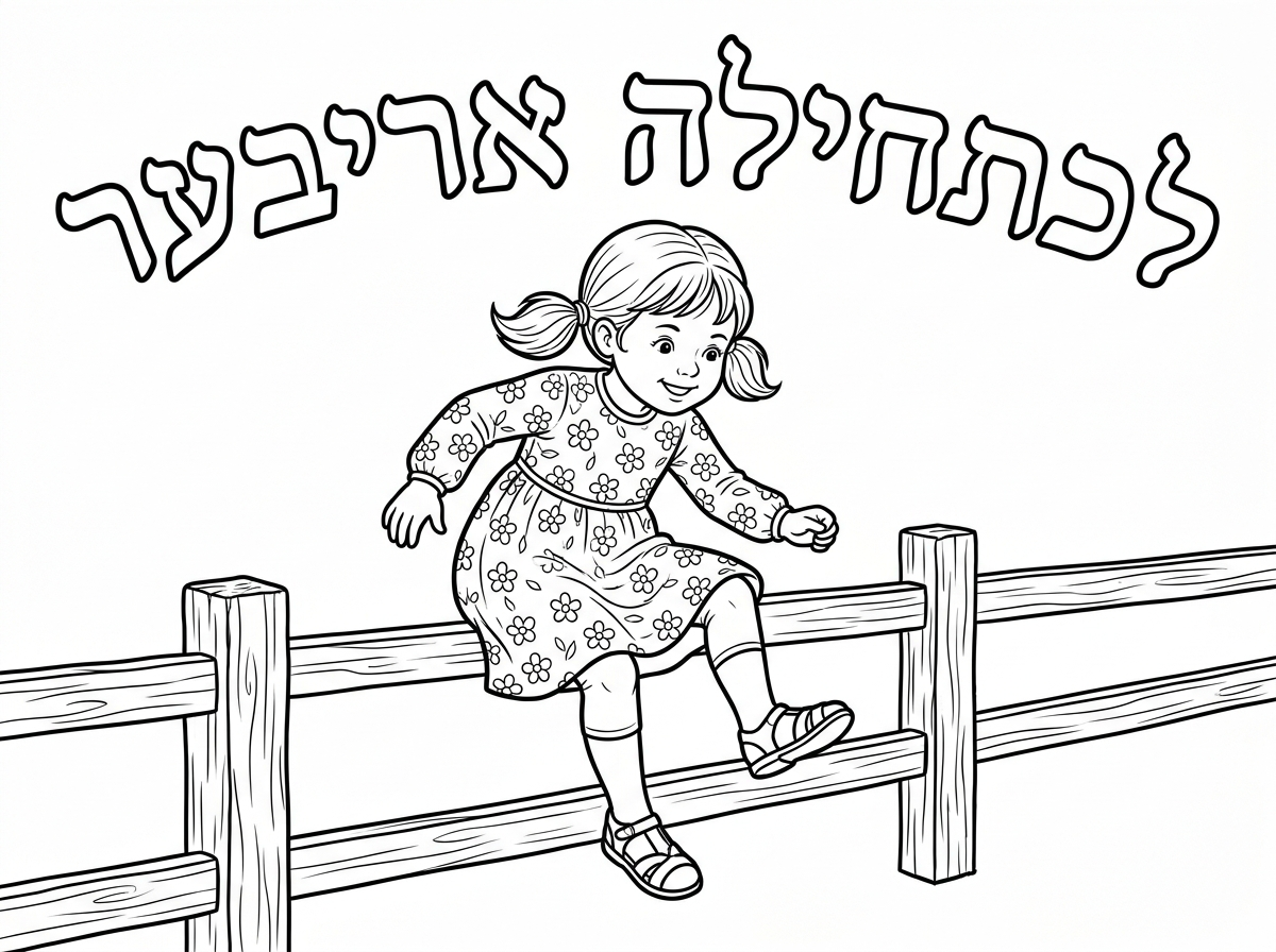 ילדה קטנה 
עם קוקיות שמלה פרחונית שמכסה את הברך והמרפק
עם גרביונים וסנדלים

עומדת ליד גדר לא מידי גבוהה
ומנסה לדלג מעליה

הכותרת:
״לכתחילה אריבער״