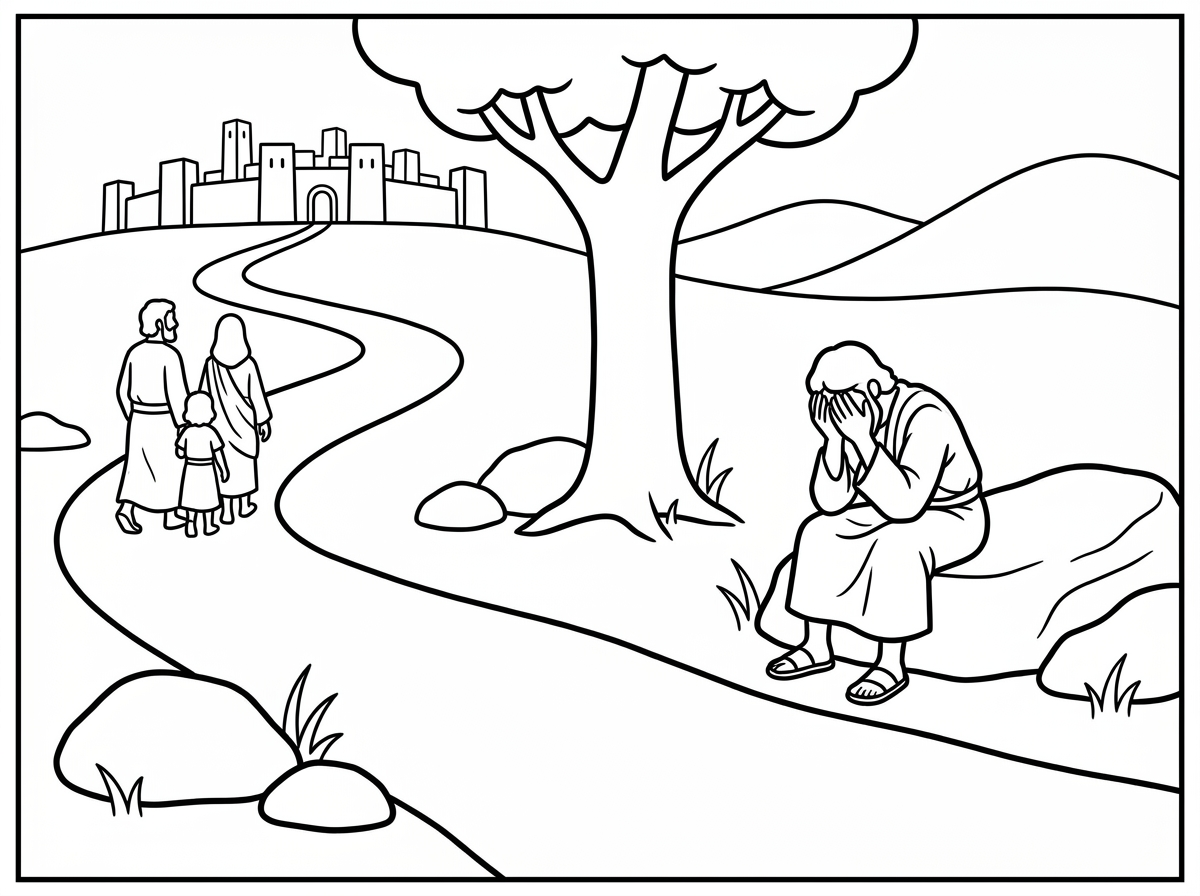 A premium professional coloring book illustration, designed by a top-tier children's book illustrator.
Black and white line art only. No shading, no grayscale, no textures.
Very bold, uniform outline thickness across the entire illustration. Smooth vector-style lines, perfectly clean, no sketchiness.
Scene: A simple, clear landscape divided by a single winding path leading toward a distant ancient walled city.
On the left side of the path:
Two adult figures and one child walking calmly toward the city. Simple silhouettes, minimal clothing folds.
On the right side:
One seated figure on a rock, hunched forward, hands on face — clear emotional pose, but simplified.
Environment (extremely minimal):
One tree near the center
A few large rocks only (no small scattered stones)
Very minimal grass (few simple strokes only)
Smooth hills in the background (clean lines, no التفاصيل)
Critical style rules:
NO small details
NO texture lines
NO repeated tiny elements
Large open spaces for coloring
Clear, closed shapes
Strong visual hierarchy (focus on characters and path)
Composition: Balanced, calm, not crowded. Strong separation between left (movement) and right (stillness).
Frame: Simple clean border only (no decorative patterns).
Print-ready, ultra-clean, minimal, high-end coloring book style.