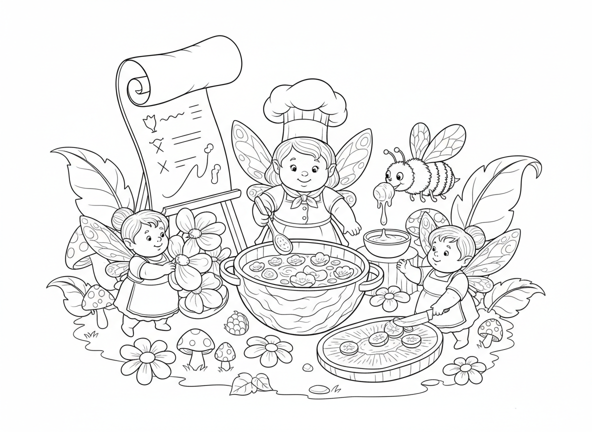 שיעור בישול לפיות - פיות בשיעור בישול, פייה שף מדריכה, מכינות מרק עלי כותרת בסיר קליפת אגוז, קרש חיתוך פירות יער, דבורה מביאה דבש, מתכון כתוב על עלה