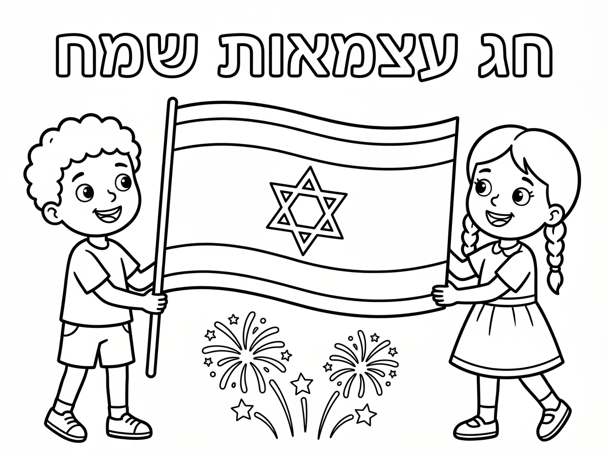 תכין לי דף צביעה לכבוד יום העצמאות. 
דף צביעה של דגל ישראל אותו מחזיקים משני הצדדים ילד וילדה. 
מעל הדגל תכתוב חג עצמאות שמח.